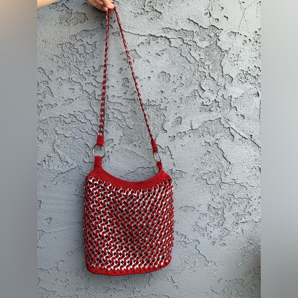 Handmade vintage bottle cap red crochet crossbody bag